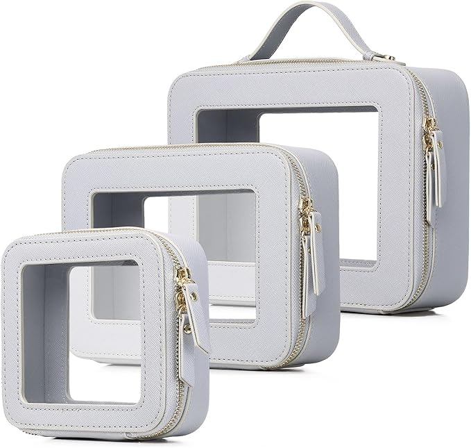 Pinkmik Clear Makeup Bag Waterproof Travel Case for Cosmetics and Toiletries Women's Purse Organizer and Clear Car Bag with Zipper (Gray, L+M+MINI)