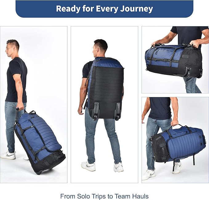 86L Foldable Rolling Duffel Backpack with Wheels - Extra Large Waterproof Travel Bag with Shoe Compartment, Heavy Duty Convertible Luggage for Outdoor, Sports, Airplane Trips