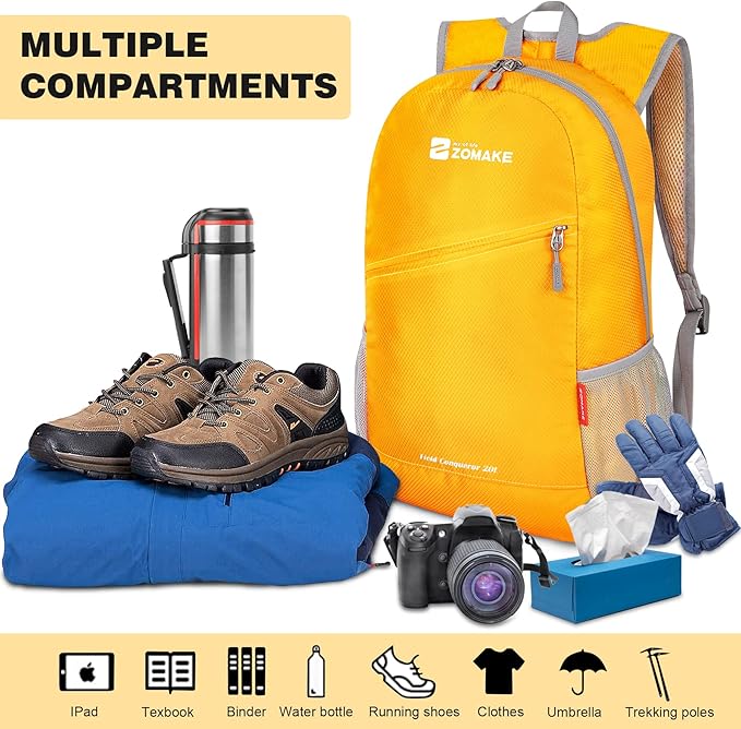 ZOMAKE Lightweight Packable Backpack 20L - Foldable Backpack Small Daypack Hiking Backpack Water-Resistant Day Bag for Travel(Yellow)