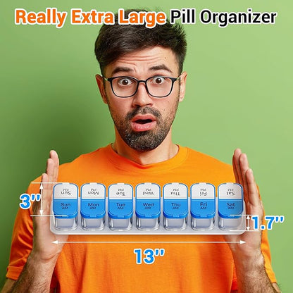 Daviky Large Pill Organizer 2 Times a Day - XL Pill Box 7 Day, Big Vitamin Holder with 7 Detachable AM/PM Compartments, Big Supplement Container for Weekly or Daily Use (Blue)