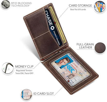 SERMAN BRANDS AirTag Wallet - RFID Blocking Mens Minimalist Money Clip Wallet for Airtag - Full Grain Leather - Slim Bifold. Front Pocket for Air tag Wallets for men. Gift (Texas Brown Air)