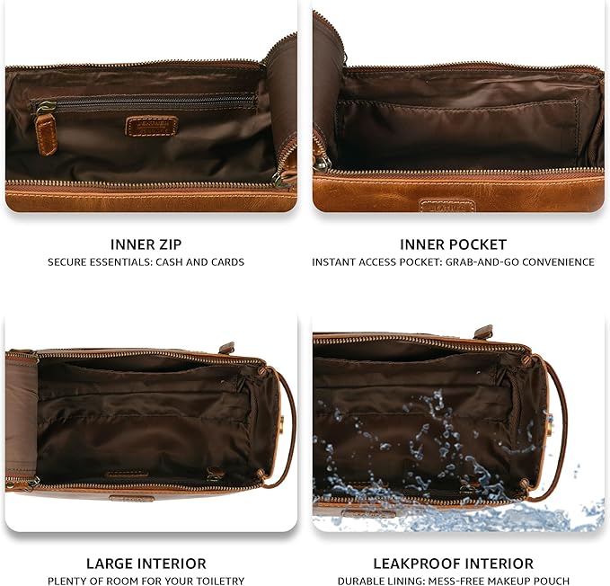 LEATHER VILLAGE Premium Leather Travel Toiletry Bag - Water-Resistant Dopp Kit for Toiletries, Large Shaving Bag & Bathroom Organizer - Gift for Men & Women - Tan Brown