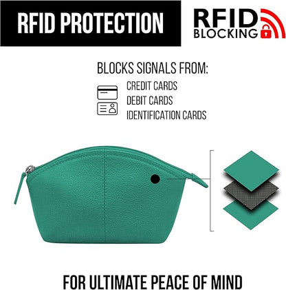 ili New York Genuine Leather Cosmetic Pouch - RFID Blocking Leather Travel Organizer Bag with Top Zip Closure and Interior Zip Pocket, Compact Lightweight Make Up Bags, Aqua