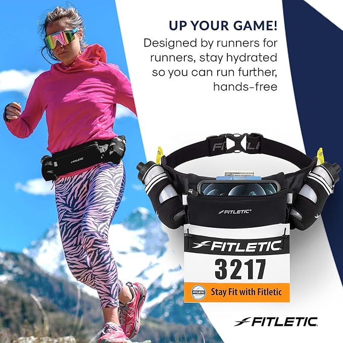 Fitletic Hydration Running Belt with Water Bottles for Men & Women – 2 Quick Flow 8oz Running Water Bottles, Patented Bounce Free Design, Water Resistant Pouch Fits All Phones – Hydra 16