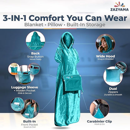 3-in-1 Travel Blanket Airplane – Compact with Bag & Pillow Combo Set, Ultra-Soft Fleece | Packable Blanket Compact | Hidden Pocket | Trolley Sleeve | Carabiner | Travel Essentials (Aqua Teal)