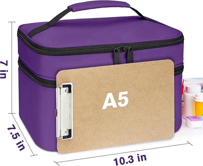 Mancro Dual Layers Pill Bottle Organizer Bag, Medicine Pill Organizer Bag with Lockable Zipper, Medicine Travel Bag for Pills, Vitamins, Pill Cutters, Medical Supply for Home Storage, Purple