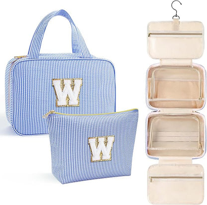 YOOLIFE Hanging Toiletry Bag for Women - Travel Toiletry Bag Makeup Bag, Portable Toiletries Cosmetic Bag, Airplane Travel Essentials - Letter W, Blue