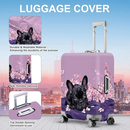 ANNA QUEEN French Bulldog Luggage Cover, Cute Black Dog with Pink Flowers Suitcase Protector, Stretchable Washable Travel Sleeve for 28-30 Inch Luggage