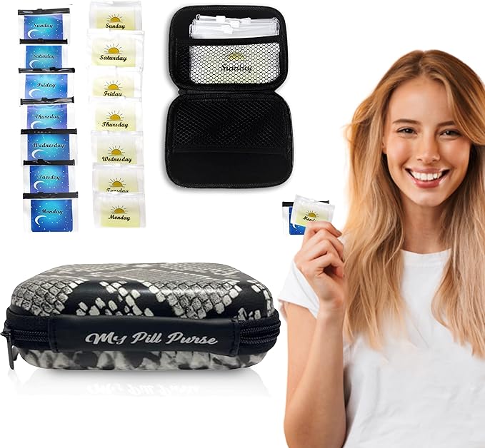 Am Pm Pill Organizer 7 Day Black/White Faux Snake Skin Medicine Storage Case Size 5.5 X 4 X 1.75 in. Med Wallet 14 Reusable Small Pill Baggies 3x4 in. Pill Pouches for Medicine, Days of The Week