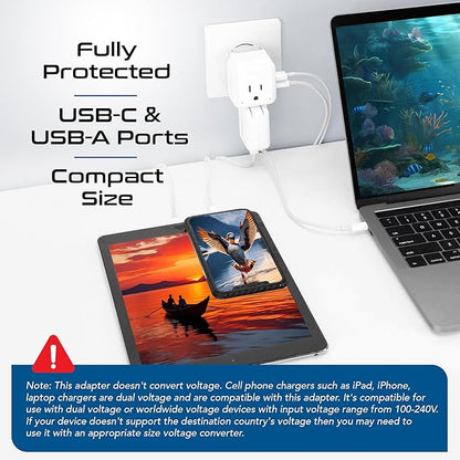 Ceptics Israel, Jordan Power Plug Adapter Travel, 20W PD & QC, Safe Dual USB & USB-C 3.1A -2 USA Socket - Use in Jerusalem, Palestine, UAE - Includes Type H, Type C, Type G Swadapt Attachments