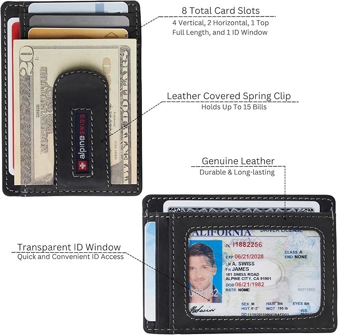 Alpine Swiss RFID Dermot Money Clip Front Pocket Wallet For Men Leather Hampton Collection Nubuck Black