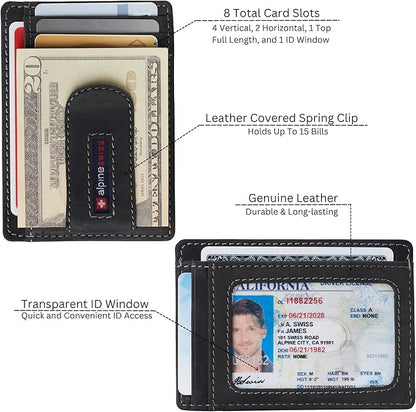 Alpine Swiss RFID Dermot Money Clip Front Pocket Wallet For Men Leather Hampton Collection Nubuck Black