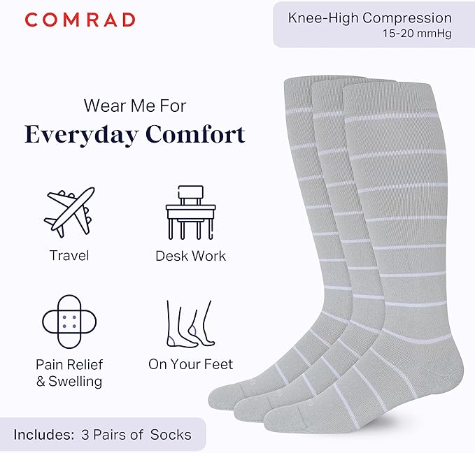 Comrad Recycled Cotton Knee High Socks - 15-20mmHg Graduated Compression Socks - Soft & Breathable Support Socks, Unisex