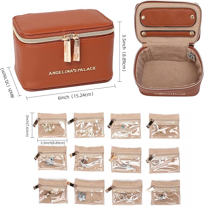 Angelina's Palace Jewelry Organizer Case Bridesmaid Gifts Travel Bag Vegan Leather Box for Necklace Earring Bracelet Ring(bran)