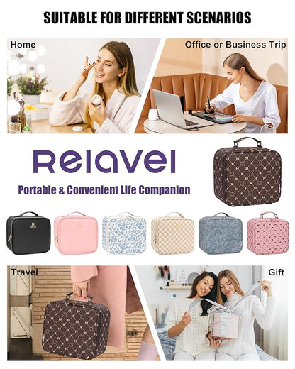 Relavel Travel Makeup Bag With LED Mirror, Portable Cosmetic Organizer Bag with Adjustable Brightness in 3 Color Scenarios, Small Train Case with Detachable Dividers for Trip- Brown Bowknot