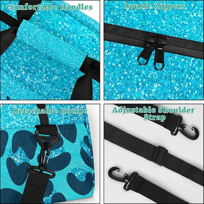 Personalized Kids Sports Duffel Bag with Name Custom Weekender Overnight Bag for Boys Girls Gym Bag Travel Dance Gymnastics Duffel Bag, Blue Glitter Leopard Print