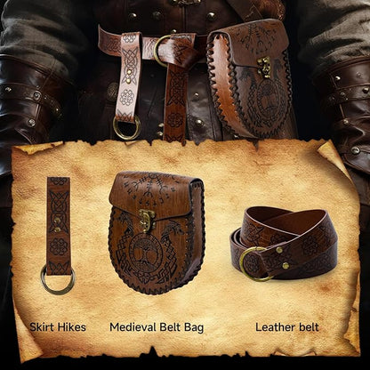 Nordic Embossed Belt Pouch Vintage Portable Waist Bag Renaissance Belt Set Medieval Side Pack for Cosplay Accessories (Brown)
