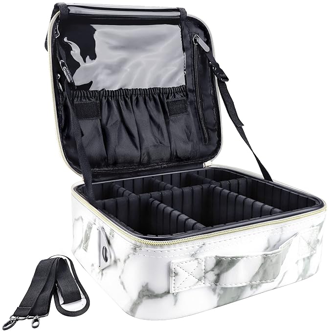 gzcz Travel Makeup Bag,Professional Cosmetic Bags for Women,Portable Makeup Brush Bag Organizer Storage with Adjustable Dividers and Shoulder Strap