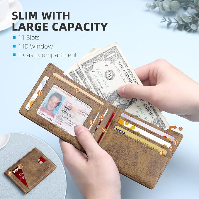 Zitahli Wallet for Men Slim 11 Credit Card Holder RFID Blocking Small Men's Wallet Bifold Minimalist Front Pocket With Mens Gifts Box