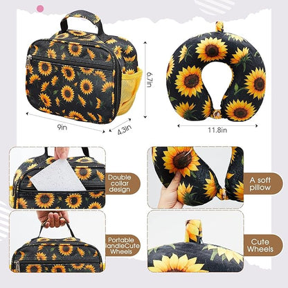Redbaker 6 Pcs Kids Luggage Set 17 Inch Kids Rolling Luggage Double Pattern Suitcase for Girls Boys School Gift(Back Yellow, 17 Inch, Sunflower Style)