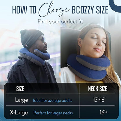 BCOZZY Travel Neck Pillow for Airplane – Patented Double Support for Head, Neck, and Chin. Best for Long Flights, Plane Sleeping & Car Rides. Adjustable Size. Fully Washable. Carry Bag. X-Large, Navy
