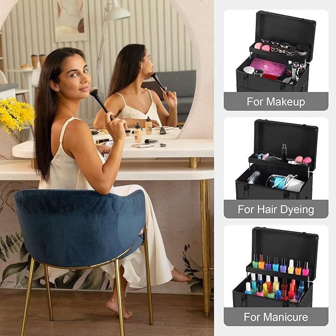 Makeup Train Case with Drawer, Rolling Makeup Case, Cosmetology Case on Wheels, Gift, Travel Makeup Organizers, Profesional Cosmetic Case for Salon Barber,Nail,Tattoo, Black