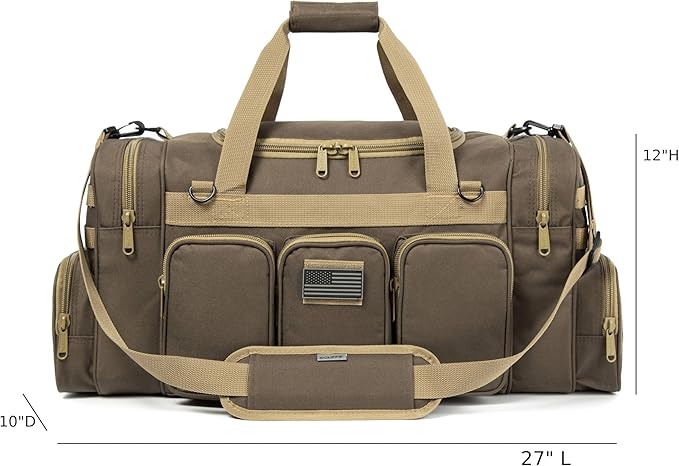 Tactical Range Duffel Heavy Duty Military Molle Gear Travel Sports Gym Bag Lockable Zippers with US Flag Patch (27 In Khaki)