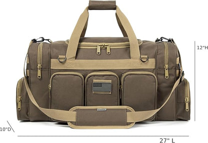 Tactical Range Duffel Heavy Duty Military Molle Gear Travel Sports Gym Bag Lockable Zippers with US Flag Patch (27 In Khaki)
