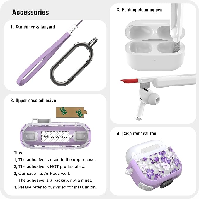 WENEW Case for AirPods 3 Case Cover Secure Lock Automatic Snap Switch Clip Cleaner Kit Lanyard Women Stylish Flower Armour Hard Shell Full Body Front LED Visible (Purple Flower, AirPods 3rd)