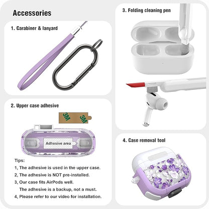 WENEW Case for AirPods 3 Case Cover Secure Lock Automatic Snap Switch Clip Cleaner Kit Lanyard Women Stylish Flower Armour Hard Shell Full Body Front LED Visible (Purple Flower, AirPods 3rd)
