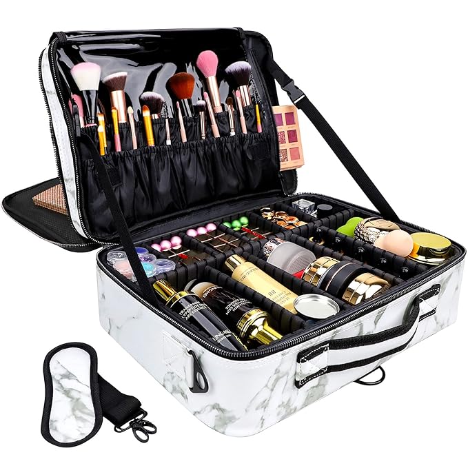 gzcz Large Capacity Travel Makeup Case Organizer,Professional Cosmetic Bags for Women,Waterproof PU Leather Makeup Bag with Adjustable Dividers and Shoulder Strap for Brushes and Jewelry