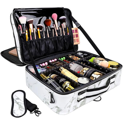 gzcz Large Capacity Travel Makeup Case Organizer,Professional Cosmetic Bags for Women,Waterproof PU Leather Makeup Bag with Adjustable Dividers and Shoulder Strap for Brushes and Jewelry