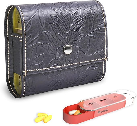 Pill Organizer,LIZIMANDU Weekly Travel Pill Case Box Medication Reminder Daily AM PM, Day Night 7 Compartments,for 4 Times A Day, 7 Days a Week-Includes Leather PU Carrying Case(1-Carved Black)