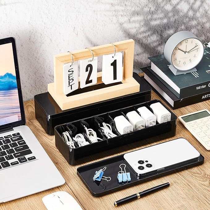 Tatuo 2 Pcs Cable Organizer Box with Wire Ties, Plastic Cord Storage Box with Lid, Electronics Organizer for Home Office Desk Organizers and Accessories (Black)