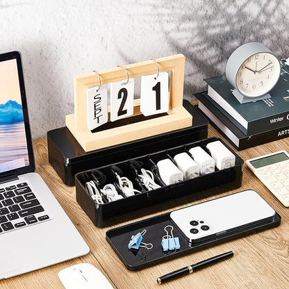 Tatuo 2 Pcs Cable Organizer Box with Wire Ties, Plastic Cord Storage Box with Lid, Electronics Organizer for Home Office Desk Organizers and Accessories (Black)