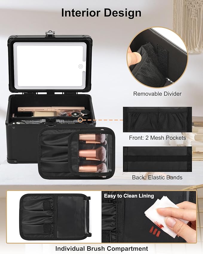 Relavel Makeup Bag with LED Mirror, Travel Cosmetic Train Case with 3 Colors Light up Mirror, Portable Makeup Aritst Storage Organizer Box with Brush Holder, Birthday Gifts for Women and Girls, Black