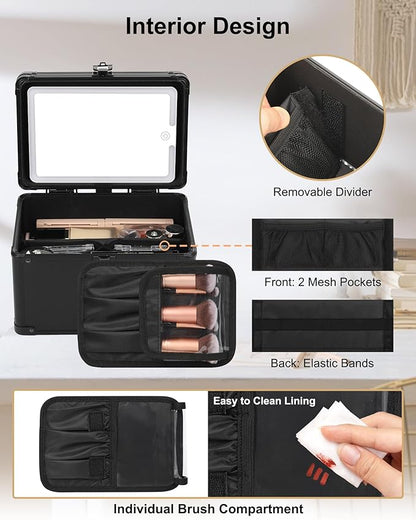 Relavel Makeup Bag with LED Mirror, Travel Cosmetic Train Case with 3 Colors Light up Mirror, Portable Makeup Aritst Storage Organizer Box with Brush Holder, Birthday Gifts for Women and Girls, Black