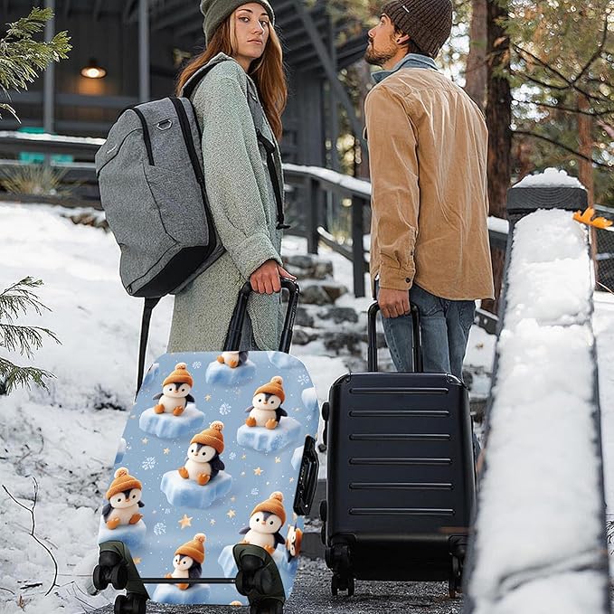 ANNA QUEEN Winter Penguin Luggage Cover, Cute Penguin on Ice Pattern Suitcase Protector, Washable Stretchable Travel Sleeve for 32-34 Inch Luggage