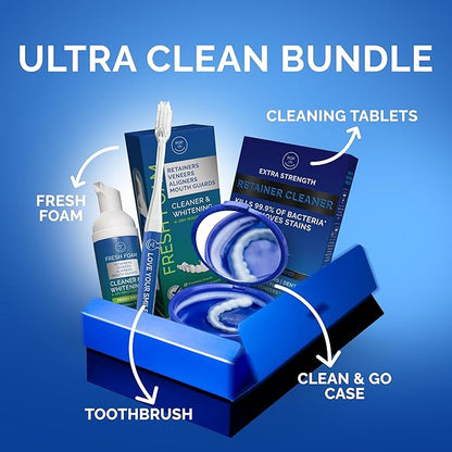Retainer Cleaning Bundle by Pop On - 30 Retainer Cleaner Tablets, 1 Aligner Cleaner Fresh Foam, 1 Soft Bristle Toothbrush, 1 Mirror Case for Mouth Guards, Night Guards, Invisalign, Veneers, Dentures
