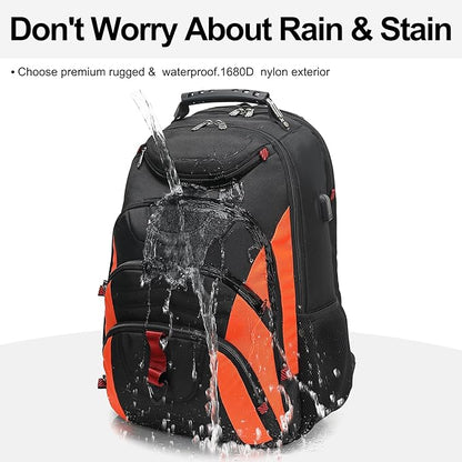 Boavan Laptop Backpack for men, 17.3 inch Laptop Bag with USB Port, Waterproof Travel Work Backpack Purse, Anti-Theft Teacher Nurse Doctor Casual Bookbags Office Business backpack，Black&Orange