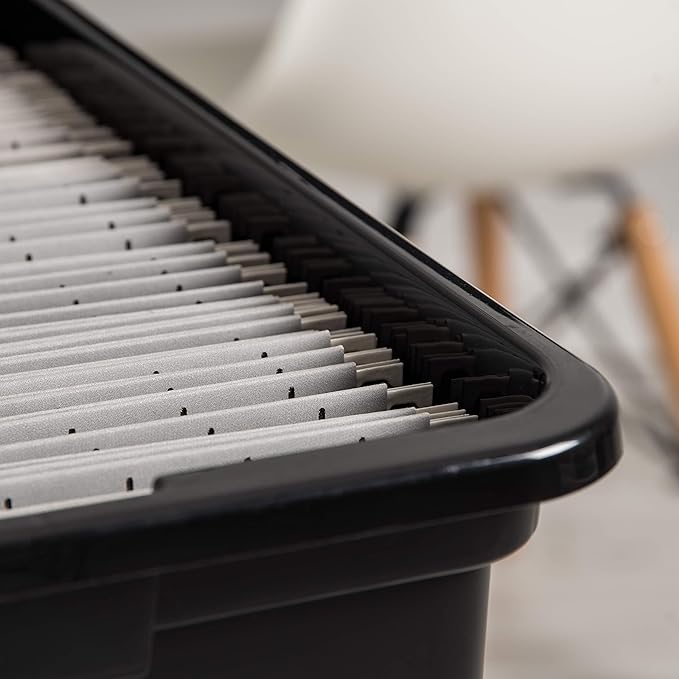 IRIS USA File Box, Plastic File Organizer with Lids for Letter/Legal File, Portable Document Box For Moving, Storage Bin with Durable and Secure Lid, Stackable Nestable BPA-Free, Black 35 Qt. 1 Pack