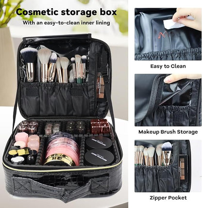 Travel Makeup Bag Makeup Cosmetic Train Case Organizer Portable Storage Bag with Adjustable Dividers for Cosmetics Makeup Brushes Toiletry Jewelry Black Crocodile Pattern