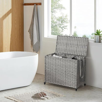 Laundry Hamper with Wheels, 52.8 Gallon(200L) Rolling Laundry Basket with Lid, Removable Large 3 Color Liners & 3 Mesh Laundry Bags, Clothes Hamper with Side Pocket, Grey