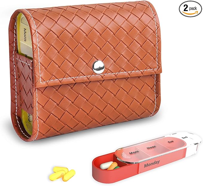 Pill Organizer,LIZIMANDU Weekly Travel Pill Case Box Medication Reminder Daily AM PM, Day Night 7 Compartments,for 4 Times A Day, 7 Days a Week-Includes Leather PU Carrying Case (1-Weave Brown)