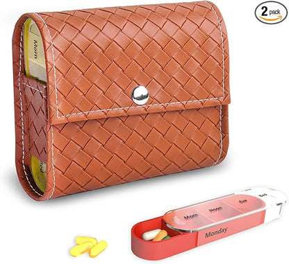 Pill Organizer,LIZIMANDU Weekly Travel Pill Case Box Medication Reminder Daily AM PM, Day Night 7 Compartments,for 4 Times A Day, 7 Days a Week-Includes Leather PU Carrying Case (1-Weave Brown)