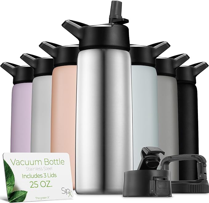SipX™ 25oz Insulated Water Bottle with 3 Lids – Leakproof Stainless Steel, Triple Insulated – Cold 24 Hours/Hot 12 Hours – Durable Bottle for School, Gym, Travel – Stainless