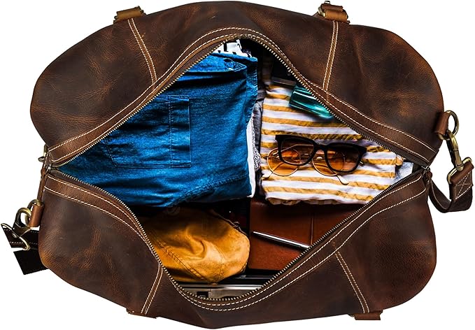 KomalC Leather Duffel Bags for Men and Women, Full Grain Buffalo Leather, Dark Tan, 20 Inch