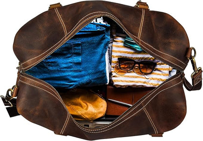 KomalC Leather Duffel Bags for Men and Women, Full Grain Buffalo Leather, Dark Tan, 20 Inch