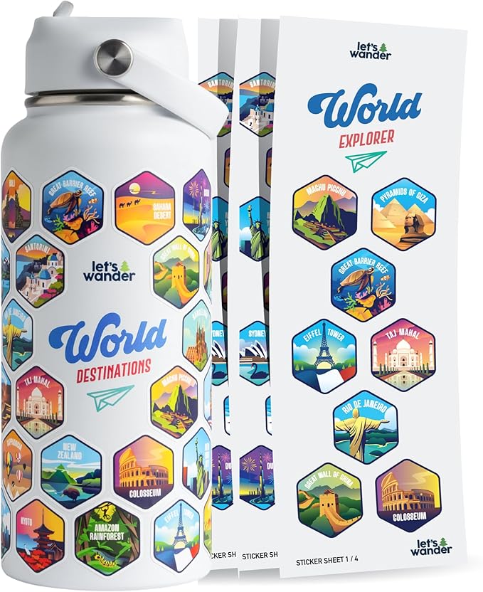 LET'S WANDER World Water Bottle with 2 Sets of 50 Waterproof Stickers - 32oz Leakproof Insulated Stainless Steel with Straw - Travel Gift Bottle (Arctic White)