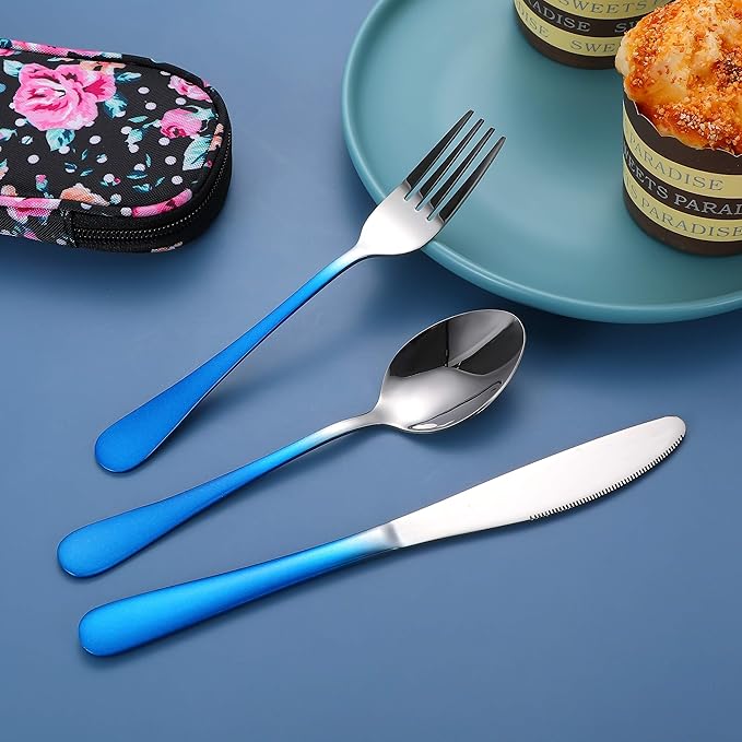 Travel Utensils,Reusable Silverware Set To Go Portable Cutlery Set with a Waterproof Carrying Case for Lunch Boxes Workplace Camping Picnic (GraBlue)